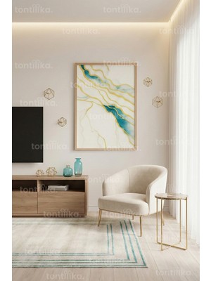 Tontilika Turkuaz ve Altın Mermer Desen Dekoratif Ahşap Çerçeveli Tablo – Modern Salon Dekoru