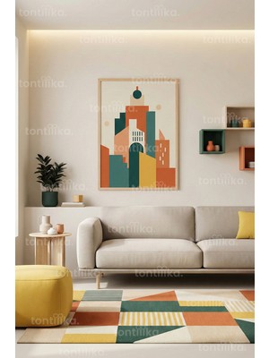 Tontilika Modern Geometrik Şehir Silüeti Dekoratif Ahşap Çerçeveli Tablo – Salon Duvar Dekoru