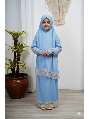 Defka Kız Çocuk Etekli Dantelli Namaz Elbisesi Takımı