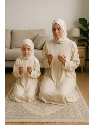Defka Anne Kız Kendinden Başörtülü Namaz Elbisesi Takımı
