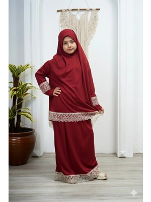 Defka Kız Çocuk Etekli Dantelli Namaz Elbisesi Takımı