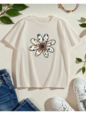 Punix Punıx Büyük Beden Özel Tasarım Papatya Baskılı Ter Tutmayan Yazlık Kadın T-Shırt