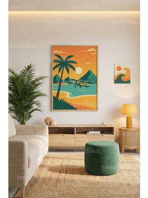Tontilika Tropik Sahil Gün Batımı Dekoratif Ahşap Çerçeveli Tablo – Modern Yaz Temalı Duvar Dekoru