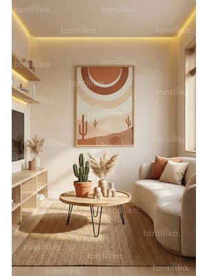 Tontilika Çöl Güneşi Minimalist Soyut Formlar Dekoratif Ahşap Çerçeveli Tablo – Modern Duvar Dekoru