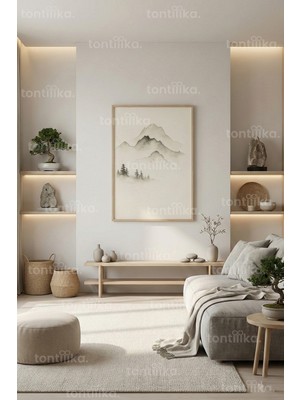 Tontilika Sisli Dağ Manzarası Dekoratif Ahşap Çerçeveli Tablo – Minimal Doğa Temalı Duvar Dekoru