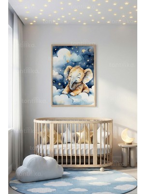 Tontilika Bulutlar Üzerinde Sevimli Fil Dekoratif Ahşap Çerçeveli Tablo – Çocuk Odası Duvar Dekoru