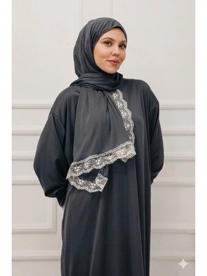 Defka Tek Parça Lüks Şık Dantelli Kadın Başörtülü Namaz Elbisesi