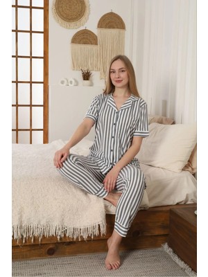 Defka : %100 Pamuklu Kısa Kollu Full Düğmeli Kadın Pijama Takımı - Yumuşak Dokulu Ev Giyimi