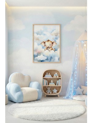 Tontilika Bulutların Üzerinde Sevimli Fil Dekoratif Ahşap Çerçeveli Tablo – Çocuk Odası Duvar Dekoru