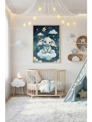 Tontilika Bulutlar Üzerinde Sevimli Tavşan Dekoratif Ahşap Çerçeveli Tablo – Çocuk Odası Duvar Dekoru
