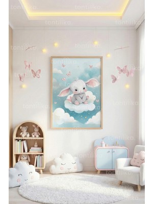 Tontilika Bulutlar Arasında Sevimli Tavşan Dekoratif Ahşap Çerçeveli Tablo – Çocuk Odası Duvar Dekoru