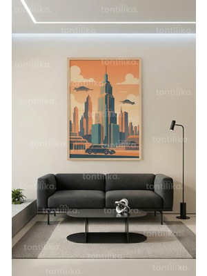 Tontilika Retro Gelecek Şehir Silüeti Dekoratif Ahşap Çerçeveli Tablo – Modern Duvar Dekoru