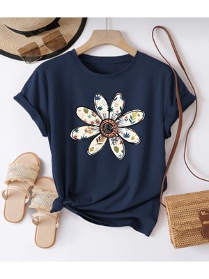 Punix Punıx Büyük Beden Özel Tasarım Papatya Baskılı Ter Tutmayan Yazlık Kadın T-Shırt