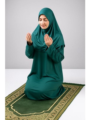 Defka Tek Parça Başörtülü Düz Renk Hafif Kumaş Kadın Namaz Elbisesi