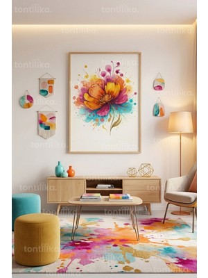 Tontilika Renkli Çiçek Soyut Sanat Dekoratif Ahşap Çerçeveli Tablo – Modern Salon Dekoru
