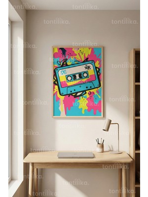 Tontilika Renkli Kaset Graffiti Dekoratif Ahşap Çerçeveli Tablo – Genç Odası Duvar Dekoru