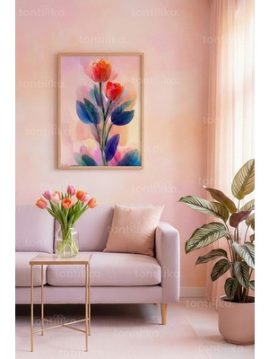 Tontilika Renkli Çiçek Illüstrasyonu Dekoratif Ahşap Çerçeveli Tablo – Bitki ve Çiçek Tema