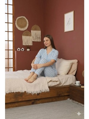 Defka %100 Pamuklu Kısa Kollu Full Düğmeli Kadın Pijama Takımı - Yumuşak Dokulu Ev Giyimi