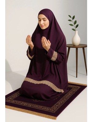 Defka Iki Parça Etekli Dantelli Kadın Namaz Elbisesi Düz Renk