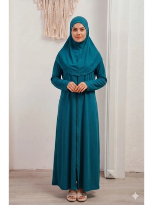 Defka Tek Parça Fermuarlı Başörtülü Kadın Namaz Elbisesi