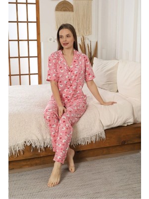 Defka : %100 Pamuklu Kısa Kollu Full Düğmeli Kadın Pijama Takımı - Yumuşak Dokulu Ev Giyimi