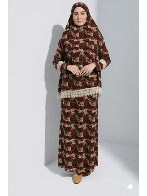 Defka Iki Parça Etekli Şal Desenli Başörtülü Kadın Namaz Elbisesi