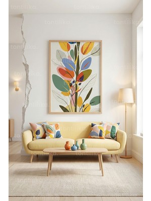 Tontilika Renkli Modern Yaprak Illüstrasyonu Dekoratif Ahşap Çerçeveli Tablo – Doğa Tema