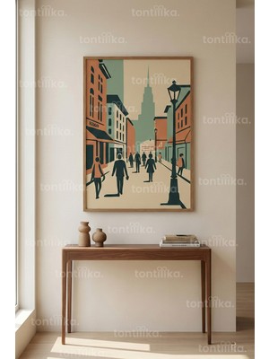 Tontilika Modern Şehir Silüeti Dekoratif Ahşap Çerçeveli Tablo – Minimal Sokak Sanatı Duvar Dekoru