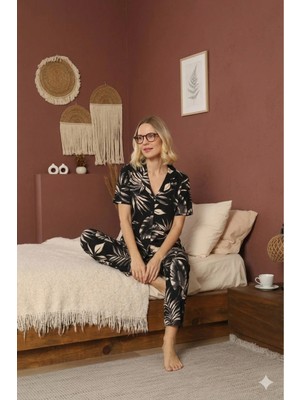 Defka %100 Pamuklu Kısa Kollu Full Düğmeli Kadın Pijama Takımı - Yumuşak Dokulu Ev Giyimi