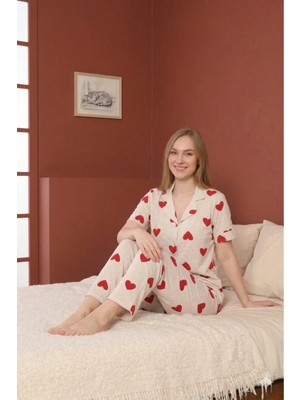 Defka %100 Pamuklu Kısa Kollu Full Düğmeli Kadın Pijama Takımı - Yumuşak Dokulu Ev Giyimi
