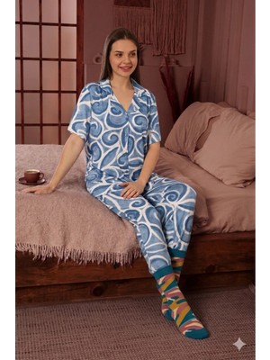 Defka %100 Pamuklu Kısa Kollu Full Düğmeli Kadın Pijama Takımı - Yumuşak Dokulu Ev Giyimi