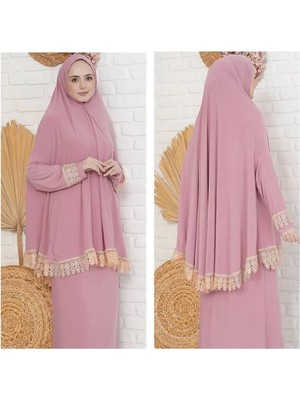 Defka Namaz Kıyafetleri 2 Parç Dantelli Pembe
