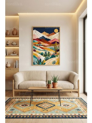 Tontilika Sıcak Renkli Çöl Kaktüs Manzarası Dekoratif Ahşap Çerçeveli Tablo – Doğa Tema