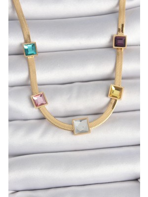 İlanib Ticaret Mey Ithalat® 316L Çelik Gold Renk Italyan Zincir Model Kare Renkli Zirkon Taşlı Kadın Kolye