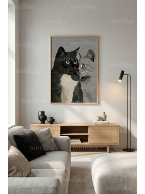 Tontilika Kedi Çift Illüstrasyonu Dekoratif Ahşap Çerçeveli Tablo – Illistrasyon Tema
