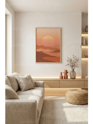 Tontilika Çöl Gün Batımı Minimal Dekoratif Ahşap Çerçeveli Tablo – Boho Modern Duvar Dekoru