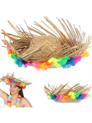 İlanib Ticaret Mey Ithalat® Naturel Renk Püsküllü Örme Hasır Hawaii Luau Aloha Şapka 13X36 cm