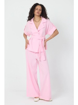 Diemmood Kadın Keten Kumaş Kısa Kollu Kemer Detaylı Pembe Pantolon Gömlek Takım