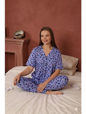 Defka %100 Pamuklu Kısa Kollu Full Düğmeli Kadın Pijama Takımı - Yumuşak Dokulu Ev Giyimi