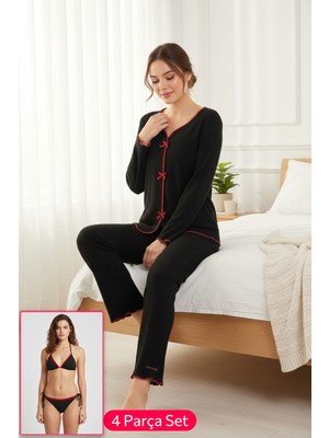 Pileli Store Premium Kadın 4’lü Fitilli Set – Siyah Kırmızı Biyeli (Pijama Üst, Pantolon, Bikini Takım