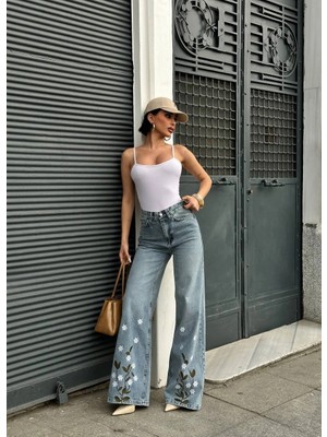 T.kot Rengi 4s6-67 Palazzo Fit Özel Çiçek Nakışlı Tasarım Denim Jean