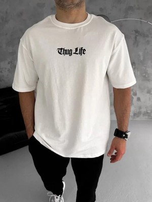 Pileli Store Pilelistore- Unisex Bisiklet Yaka Baskılı Oversize T-Shirt - Beyaz