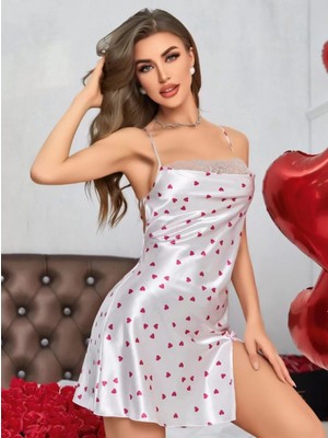 Pileli Store Pilelistore Kadın Beyaz Fuşya Kalp Desenli Saten Gecelik 2219