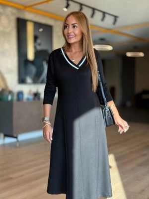 Kadın Uzun Kollu V Yakalı Midi Çağla Yeşili Modal Elbise