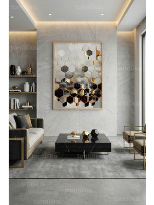 Tontilika Altın Detaylı Geometrik Soyut Kompozisyon Dekoratif Ahşap Çerçeveli Tablo – Geometrik Tema