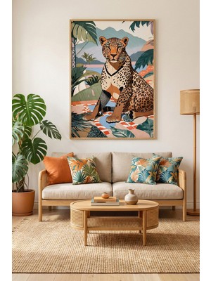 Tontilika Leopar Tropikal Kompozisyon Dekoratif Ahşap Çerçeveli Tablo – Doğa Tema
