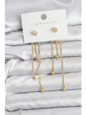 İlanib Ticaret Mey Ithalat® Topçuk Model Gold Renk Pirinç Sallantılı Kadın Küpe Seti