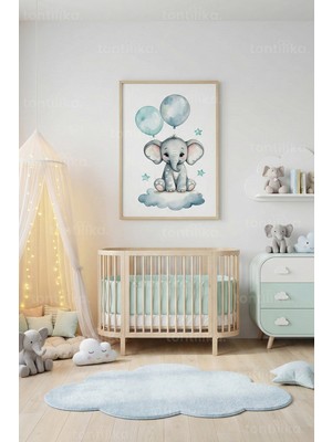 Tontilika Pastel Balonlu Sevimli Fil Dekoratif Ahşap Çerçeveli Tablo – Bebek Odası Dekoru