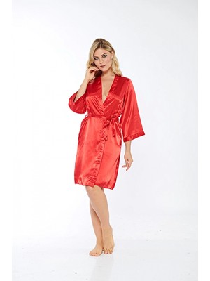Pileli Store Kırmızı Ipek Saten Sabahlık - 14001