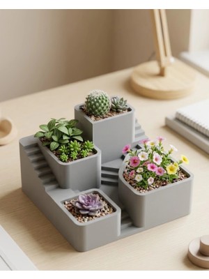 SHC4200 3D Baskı Sukulent Kaktüs Saksı Seti Çok Katlı Tasarım Ev Ofis Dekoru